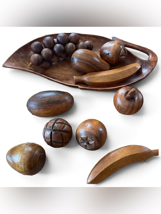 Other - Vintage MCM Wooden Monkey Pod 10 Piece Fruit and Leaf Shaped Bowl Set